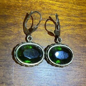 Green glass and metal dangle earrings French hook